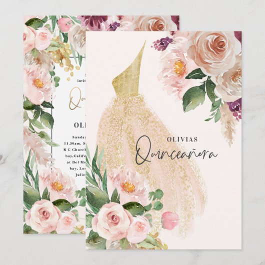 Invitation Quinceañera Robe rose girly robe florale anniversa (Devant / Derrière)