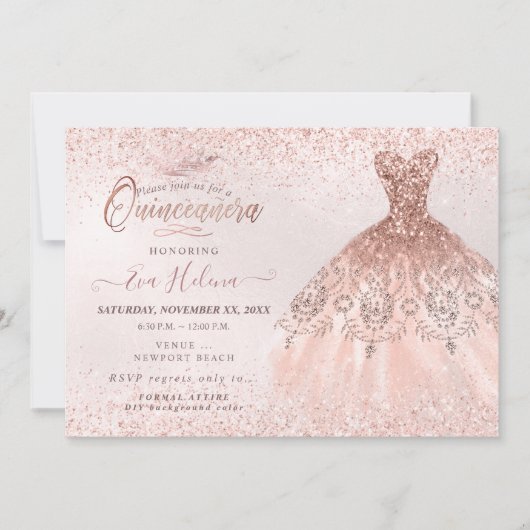 Invitation Quinceañera, Robe Rose Parties scintillant d'or (Devant)