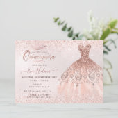 Invitation Quinceañera, Robe Rose Parties scintillant d'or (Debout devant)