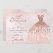 Invitation Quinceañera, Robe Rose Parties scintillant d'or (Devant / Derrière)
