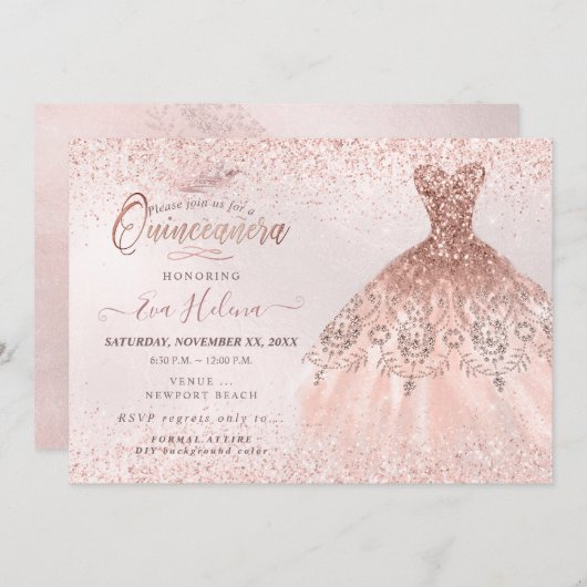 Invitation Quinceañera, Robe Rose Parties scintillant d'or (Devant / Derrière)