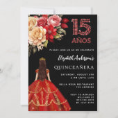 Invitation Quinceanera robe rouge noire floraux roses (Devant)