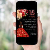 Invitation Quinceanera robe rouge noire floraux roses