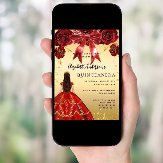 Invitation Quinceanera robe rouge or fleurons arc