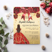 Invitation Quinceanera robe rouge or fleurons arc