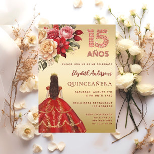 Invitation Quinceanera robe rouge or fleurons rose