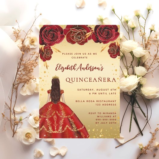 Invitation Quinceanera robe rouge or fleurons rose