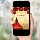 Invitation Quinceanera robe rouge or fleurons rose