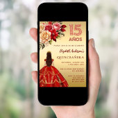 Invitation Quinceanera robe rouge or fleurons rose
