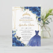 Invitation Quinceañera Robe royale bleue florale 16e annivers (Debout devant)