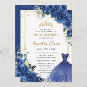 Invitation Quinceañera Robe royale bleue florale 16e annivers