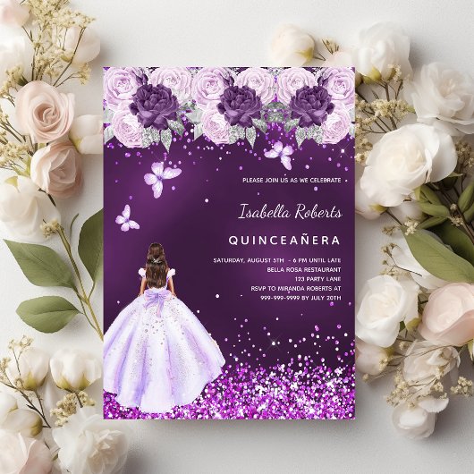 Invitation Quinceanera robe violet flor rose