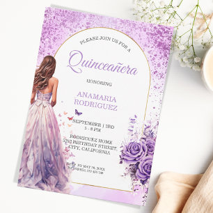 Invitation Quinceañera Robe violette Robe Florale Arc Papillo