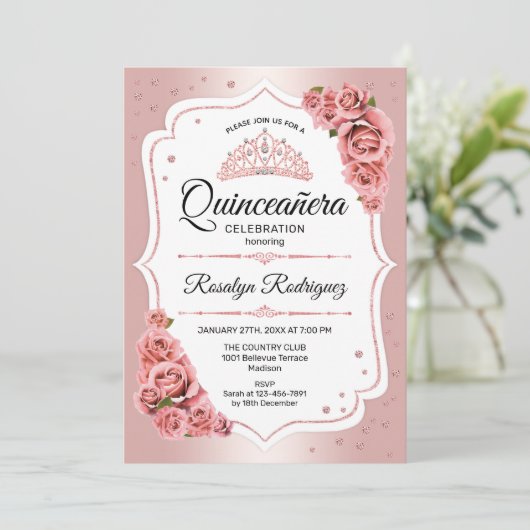 Invitation Quinceanera rose (Debout devant)