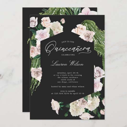 Invitation Quinceanera rose à fleurs tropicales rousses Invit (Devant / Derrière)