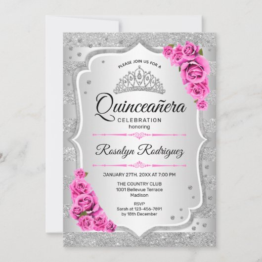 Invitation Quinceanera Rose Argent (Devant)