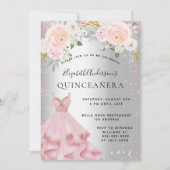 Invitation Quinceanera rose argent brillant robe glamour (Devant)