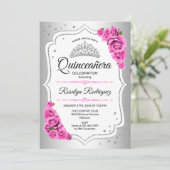 Invitation Quinceanera - Rose argenté blanc (Debout devant)