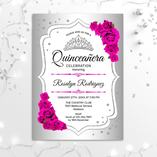 Invitation Quinceanera - Rose blanc argenté
