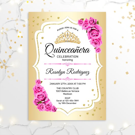 Invitation Quinceanera - Rose blanc or