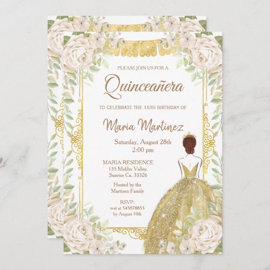Invitation Quinceanera Rose blanche et or (Devant / Derrière)