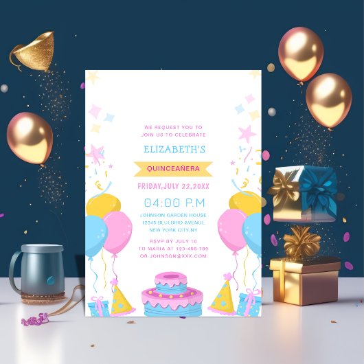 Invitation quinceañera rose bleu et jaune coloré