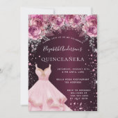 Invitation Quinceanera rose bordeaux parties scintillant robe (Devant)
