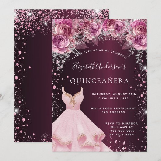 Invitation Quinceanera rose bordeaux parties scintillant robe (Devant / Derrière)
