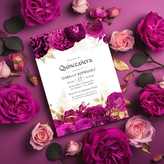 Invitation Quinceañera rose chaude et or Floral