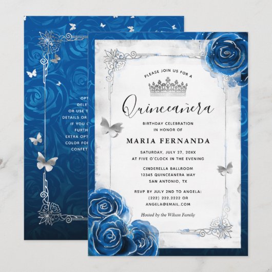 Invitation Quinceanera, Rose d'argent et de bleu royal (Devant / Derrière)