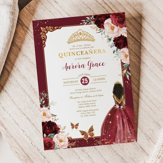 Invitation Quinceañera rose de Bourgogne Princesse Mis Quince