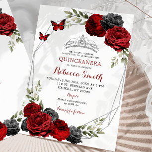 Invitation Quinceañera Rose de la Couronne noire et rouge de