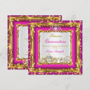 Invitation Quinceanera Rose Doré Diamant Carrosse à Chevaux