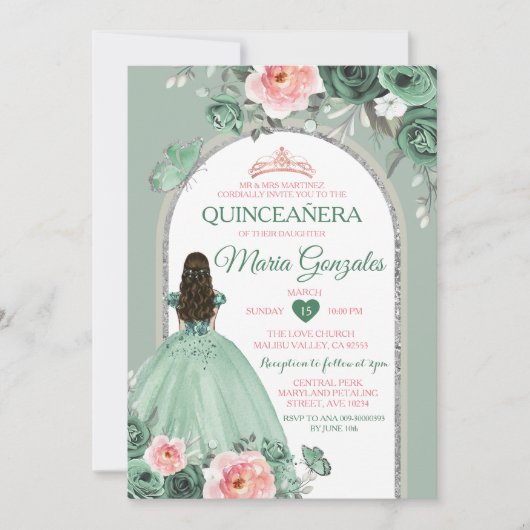 Invitation Quinceañera rose Dusty Green Crown Butterfly (Devant)