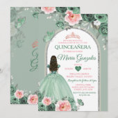 Invitation Quinceañera rose Dusty Green Crown Butterfly (Devant / Derrière)