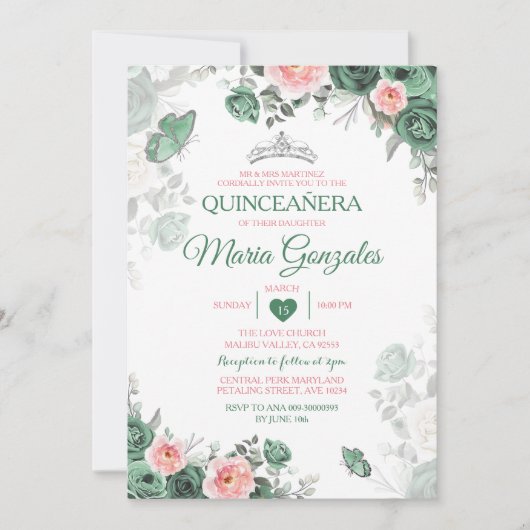 Invitation Quinceañera rose Dusty Green Crown Butterfly (Devant)