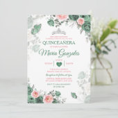 Invitation Quinceañera rose Dusty Green Crown Butterfly (Debout devant)