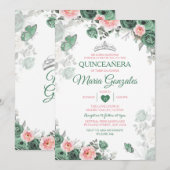 Invitation Quinceañera rose Dusty Green Crown Butterfly (Devant / Derrière)