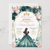 Invitation Quinceañera rose Emerald Green Couronne or Floral (Devant)