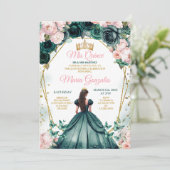 Invitation Quinceañera rose Emerald Green Couronne or Floral (Debout devant)