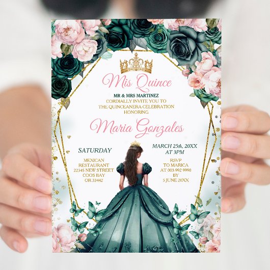Invitation Quinceañera rose Emerald Green Couronne or Floral