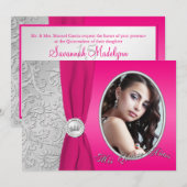 Invitation Quinceanera| Rose et argent chauds| Photo (Devant / Derrière)