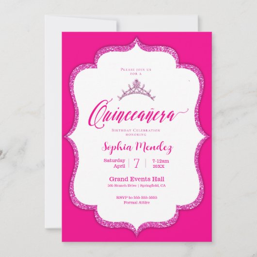 Invitation Quinceanera rose et blanc chaud (Devant)