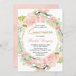 Invitation Quinceanera rose et dorée