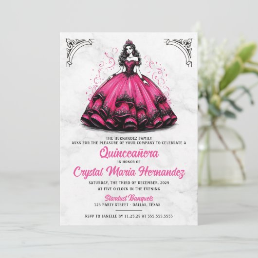 Invitation Quinceañera rose et noire (Debout devant)