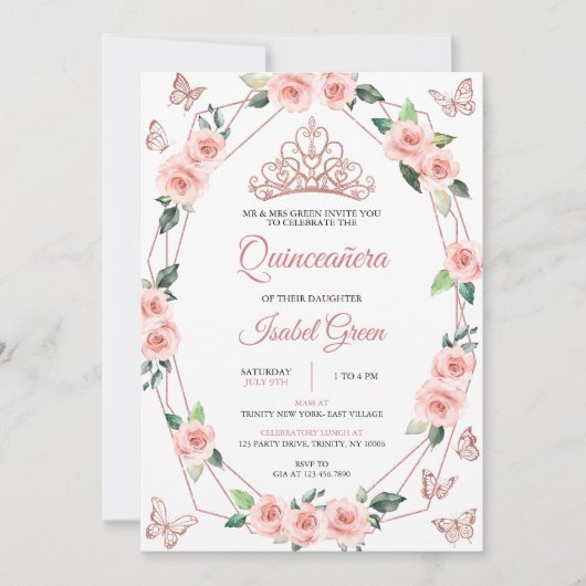 Invitation Quinceañera rose et or (Devant)