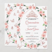 Invitation Quinceañera rose et or (Devant / Derrière)