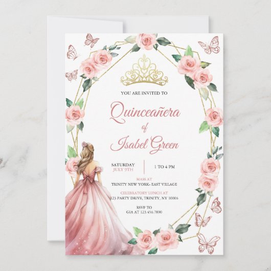 Invitation Quinceañera rose et or (Devant)