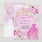 Invitation Quinceañera Rose et or élégant chic Tiara (Devant / Derrière)