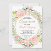 Invitation Quinceanera rose et or floral (Devant)